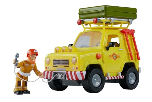 Simba Feuerwehrmann Sam Geländewagen mit Dachzelt, Dachzelt zum Ausklappen, Sam Figur, Licht, Seilwinde, Zubehör, 16cm, ab 3 Jahren