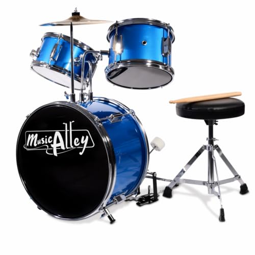Music Alley Kinderschlagzeug 3-teilig mit Hocker und Becken, Blau