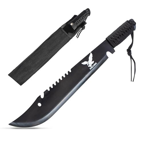 KOSxBO® Bolo Machete Messer mit Sägerücken und Kunststoffscheide o. Nylonscheide, Länge 50 cm, Klinge 34,5 cm aus Stahl, Schwarz