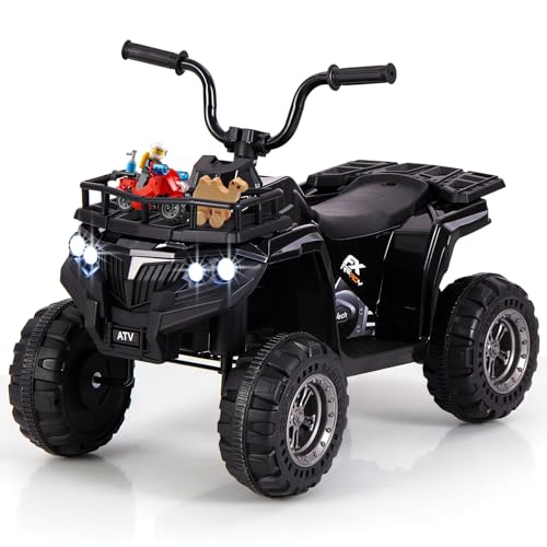 COSTWAY 6V Kinder Quad Elektro, Kinderquad mit Vorwärts-, Rückwärtsfunktion, Elektroquad mit LED-Scheinwerfern, Aufbewahrungskorb & Musik, Elektroauto ATV für Kinder ab 2 Jahren (Schwarz)