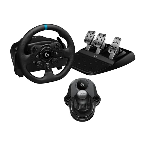 Logitech G G923 Rennlenkrad und Pedale, TRUEFORCE Force Feedback + Logitech G Driving Force Schalthebel – Echtleder, für PS5, PS4, PC, Mac – Schwarz