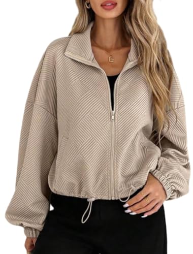 RUISHH Damen Langarm Jacke Casual Sweatjacke mit Kordelzug Reißverschluss Jacquard Kurze Loose Fit Jacke Khaki M