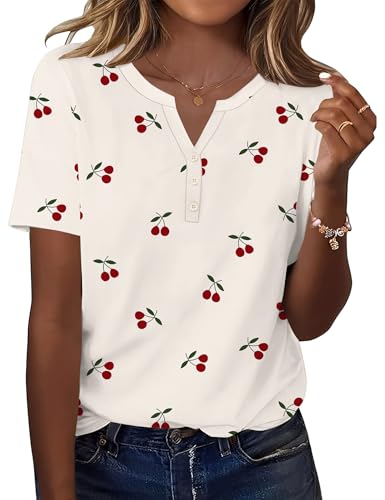 Kistore Bluse Damen Kurzarm Sommer Leicht T Shirt Damen Elegante V-Ausschnitt Oberteil Mit Tasten Basic Locker Damenkleidung Kirschenmuster L