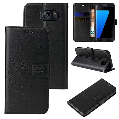LBH Handy Hülle für Samsung Galaxy S7 Edge Case Handytasche Schmetterling Blumen Flower Standfunktion Schutzhülle Magnet Rundum Schutz 360 Grad Flipcase Cover Schwarz