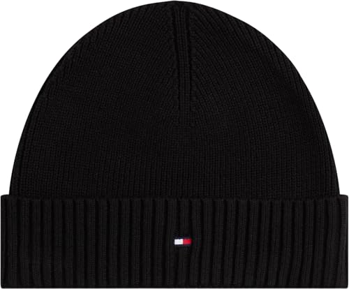 Tommy Hilfiger Herren Strickmütze Flag Cotton Beanie mit Kaschmir, Schwarz (Black), Einheitsgröße