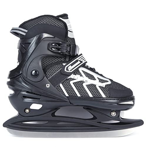 Verstellbar Eishockey Schlittschuhe für Herren Damen Erwachsene Kinder, Edelstahl Ice Skates, Eislaufschuhe mit Schnellschnürsystem & Push-Lock-Schnalle für Sicheren Halt (Schwarz Asche, XL42_45)