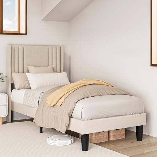 Bealife Polsterbett 90 x 200 cm mit Lattenrost – Stabiles Bettgestell aus Holz & Metall, Gepolstertes Doppelbett mit Kopfteil für Schlafzimmer & Jugendzimmer (Beige, 90x200cm)