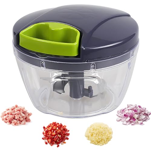 Zwiebel Zerkleinerer, 520 ml Zwiebelschneider mit 3 Klingen Edelstahlklingen, Küchen Gadgets, Gemüseschneider, Onion Chopper, Easy Pull Zerkleinerer Manuell für Zwiebeln, Knoblauch, Nüsse