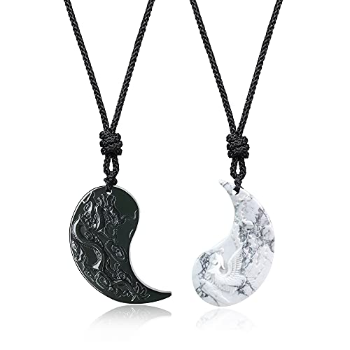 COAI Geschenkideen Ketten aus Obsidian und Howlith Drachen und Phönix Gravur Anhänger Ying und Yang Ketten