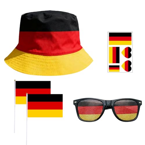RAOPNHS Deutschland Fanartikel Set 5-teilig, WM 2026 Zubehör mit Deutschland Mütze Brille Fahne und Tattoos, Perfektes Outfit für Public Viewing und Fußball Party