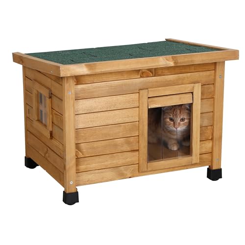 Kerbl Pet Katzenhaus Rustica | Braun/Grün, 57 × 45 × 43 cm, Holzhaus mit Schwingtür, Plexiglasfenster und höhenverstellbaren Kunststofffüßen
