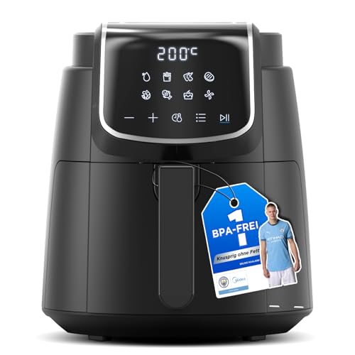 Midea Heißluftfritteuse 4L AirFryer mit LED-Touchscreen, 35-200°C, 8 Kochfunktionen, Spülmaschinenfest, 41 Rezepte, Backen, Grillen, Auftauen, Schüttelalarm HeatXpress Technologie 90% weniger Öl
