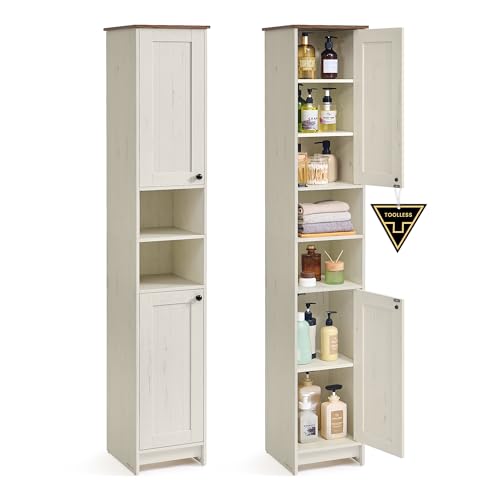 SONGMICS HOME Badezimmerschrank, superschnelle werkzeuglose Montage, Toolless-Technologie, Badschrank schmal, verstellbare Ablagen, Wohnzimmer, Flur, 30 x 30 x 170 cm, vintageweiß BBC667WJ01