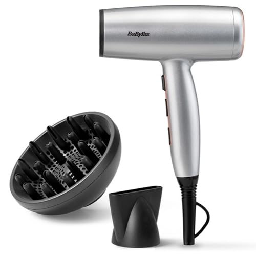 BaByliss Cosmos Leichter Haartrockner mit Diffusor – NEU 2025, 2100W Leistungsstarker, Eleganter Föhn, Ionen-Technologie gegen Frizz, 3 Heiz- & 2 Gebläsestufen, Silber, D580DE