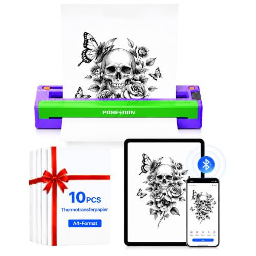 POSEIDON Tattoo-Schablonendrucker Kabellos Bluetooth mit 10 Transferpapier