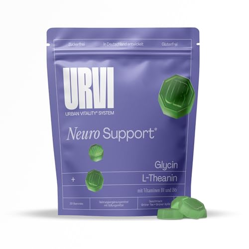 URVI® Neuro Gummies – 150mg L Theanin & 500mg Glycin mit Vitamin B1 & B6 für normale Nervenfunktion – Zuckerfrei, Glutenfrei – Grüner Tee & Apfel Geschmack – 30 Gummies*