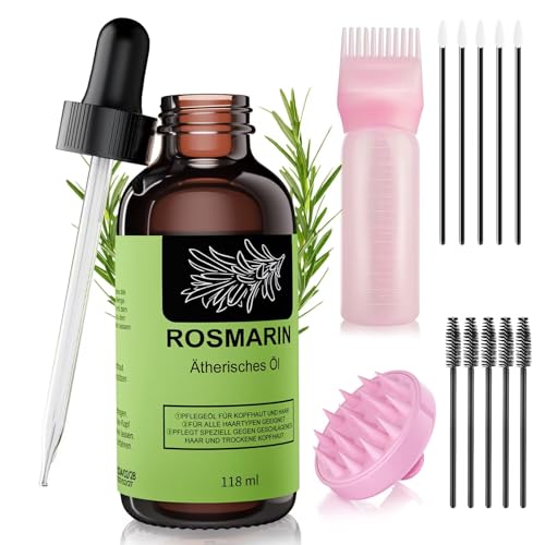 Rosmarinöl Haare und Silikon Kopfhaut Massagebürste & Haarwerkzeuge Applikator, Natürlich Premium Rosemary Oil for Hair Stimuliert Haarwachstum und gegen Haarausfall 118ml