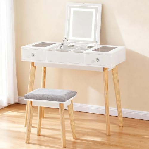 Schminktisch mit LED Beleuchtung und Spiegel, 3 Farben, Frisiertisch mit 2 Schubladen und 4 Fächern, Kosmetiktisch mit Hocker, Integrierte Steckdose, Make up Tisch Glasplatte, 90 x 40 cm, Weiß
