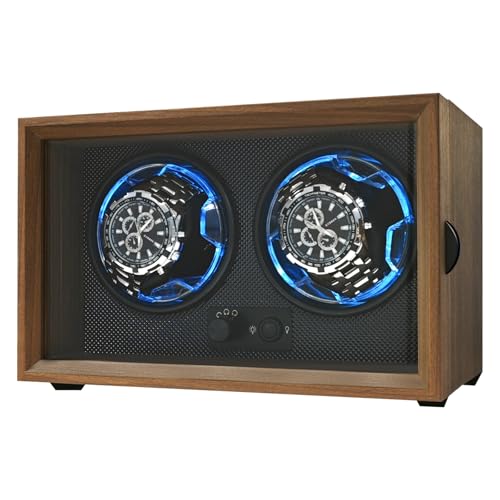 Isili Doppel Uhrenbeweger für Automatikuhren, Dual Uhrenbeweger Box für Uhrenliebhaber, mit leisem Motor 4-Rotationsmodus Einstellung, blaues Licht, elastische Uhrenkissen, Geschenk für Mann