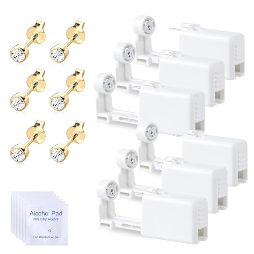Voarge 6 Stück Ohrlochstechpistole, Einweg-Steril-Sicherheits-Ohrnasen-Piercing-Pistolen-Kit Schmerzfreies Selbst-Piercing-Werkzeug mit Ohrstecker-Asepsis-Pierce-Kit Piercing-Zubehör, Gold transparent