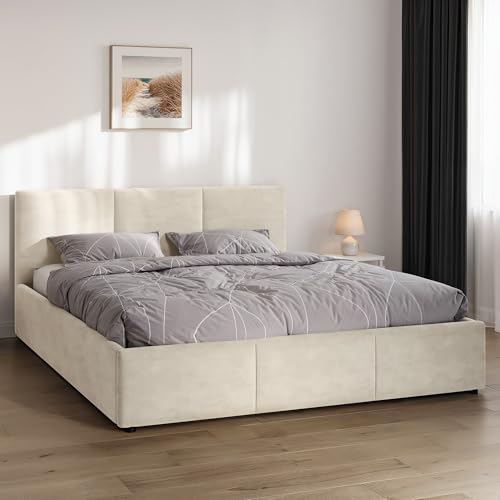 Jana NELA Polsterbett mit Bettkasten und Lattenrost, Doppelbett mit gepolstertem Kopfteil und Stauraum (Beige Samt HLR1, 160 x 200 cm)