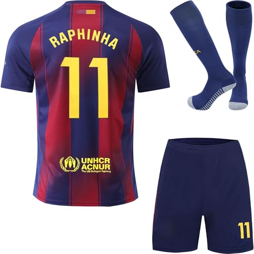 HUSSATEX Barca 2025/2026 Raphinha Heim Kinder Fußball Trikot & Shorts mit Socken Geschenk Set Jugendgrößen (Blau,28)