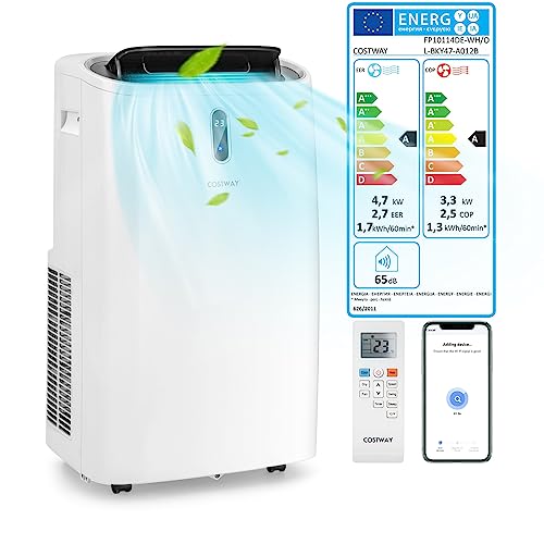 COSTWAY Klimaanlage mobil 16000BTU, Klimagerät mit Abluftschlauch, 5 in 1 Kühlen & Heizen & Entfeuchten & Belüften & Schlafmodus für Räume bis zu 150 m³, Fernbedienung/App, 24H Timer, 4700W, ≤57dB