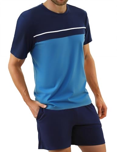 Bresdk Schlafanzug Herren Kurz Baumwolle Pyjama Set Sommer Zweiteiler Nachtwäsche mit Rundhals Oberteil und Schlafanzughose Hellblau XL