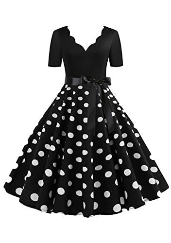 Yming Frauen Festlich Hochzeitkleid V-Ausschnitt Kleider Elegantes Cocktailkleid Retro Rockabilly Kleid Schwarz L