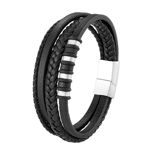 Hernin Leder Armreif Herren Armband Leder Schwarz Geflochten Leder Breites Wickelarmband Lederarmband Herren mit Magnet Verschluss Männer Personalisiertes Armband (Silber Verschlusses)