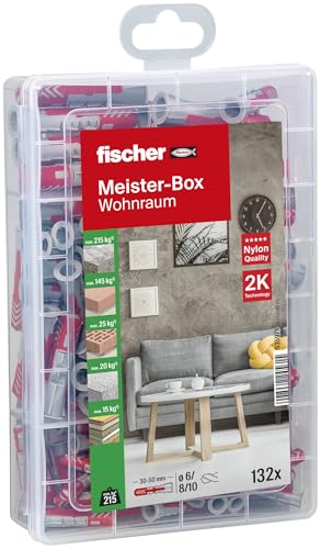 fischer Meister-Box Wohnraum, 132-teiliges Dübelset, 6-10 mm Durchmesser, für Heimwerker und Profis, universeller Einsatz - optimal für unbekannte Untergründe im Innen- und Außenbereich