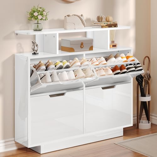 YITAHOME Schuhschrank Schmal Hochglanz mit 4 Klappen, 120 x 24 x 106 cm für 16-24 Paar, Schuhschrank Weiss, Schuhkipper, Schuhkommode im Flur, unterschiedliche Fachhöhen (37/43 cm), Platzsparend