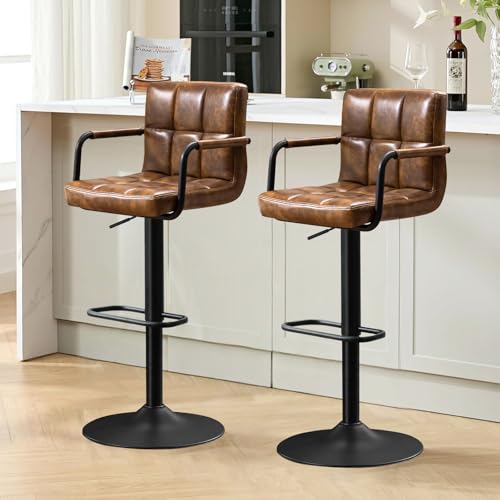 Ckaff Barhocker 2er Set, Barstuhl höhenverstellbar aus PU-Leder, 360°Drehstuhl Küchenstuhl mit Armlehnen, Rückenlehne und Fußstütze für Küche, Wohnzimmer, Esszimmer, Gelbbraun