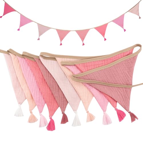 Girlande Wimpelkette Kinderzimmer, 2.6m Musselin Baumwolle Stoff Wimpelkette mit Quasten, Babyzimmer Deko Wimpel, Wetterfest Wimpelkette Outdoor Kinderzimmer für Mädchen und Junge (A)