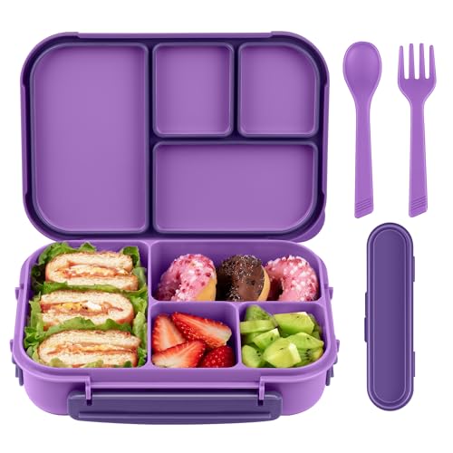Amathley Brotdose Kinder mit FäChern,Bento Box Kinder,Brotdose Erwachsene,1200ml Lunchbox mit 4 FäChern und Besteck,Mikrowellen und SpüLmaschinenfest,BPA-Frei und Wiederverwendbar (Lila)
