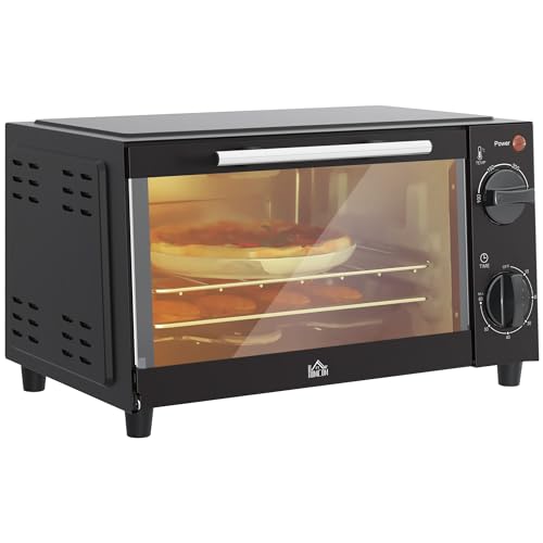 HOMCOM Mini Backofen 9 L 750W 100-230℃ 60 Min. Timer inkl. Backblech, Grillrost, Glas Fenster, Platzsparend Minibackofen Pizza-Ofen, Schwarz