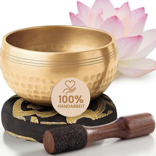 Silent Mind Klangschale Ø9 cm Bronze – Handgefertigtes Komplett-Set mit Kissen und Klöppel, für Anfänger geeignet, klarer stabiler Klang, ideal für Meditation und Achtsamkeit