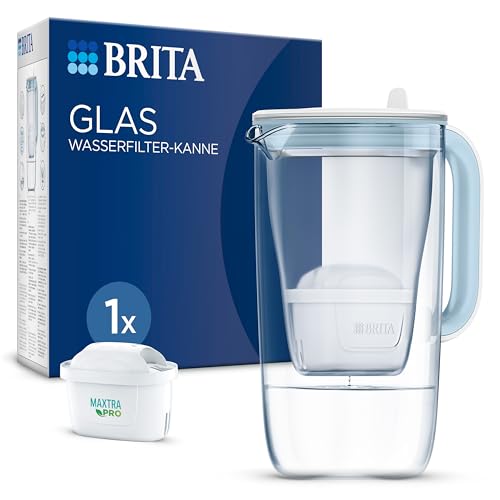 BRITA Glas Wasserfilter-Kanne hellblau (2,5l) inkl. 1x MAXTRA PRO All-in-1 Kartusche – Premium Design Kanne aus Glas, robust & leicht/reduziert Kalk, Chlor, Metalle wie Blei & Kupfer