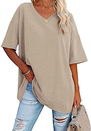 Ebifin Damen Oversize T Shirt mit V-Ausschnitt Kurzärmeliges Casual Lockere Basic Sommer Tee Shirts Bluse.Khaki.XXL