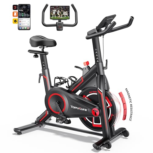 Toputure Heimtrainer Fahrrad mit APP, Leises Hometrainer, 0-100% Magnetwiderstand, 15KG Schwungrad, Bis 150KG, Ergometer Exercise Bike mit Tablet-Halter, Getränkehalter
