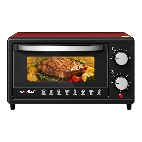 WOLTU Mini Backofen 10 Liter, kleiner Backofen, Pizza-Ofen, 100-230 °C, Timer 0-60 Min., Miniofen mit Backblech Grillrost Entnahmegriff, Rot