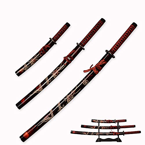 HIMMEL STORE Sword 3er-Set Japanisches Samurai-Schwert mit Display-Ständer, Iaido Katana graviert mit Drachenmuster auf der Scheide
