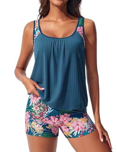 Hanna Nikole Damen Bademode Zweiteilig U-Ausschnitt Gepolstert Oberteil Tankini Mit Blumenmuster Shorts Blaugrüne und rosa Blüten L