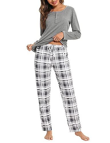 Litherday Schlafanzug Damen Lang Baumwolle Pyjama Kariert Nachtwäsche Winter Pyjama Set Zweiteiliger Rundhals Sleepwear
