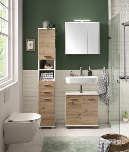 Schildmeyer Badmöbel-Set Palermo 702021, Spiegelschrank, Waschbeckenunterschrank, Hochschrank, Mattweiß/Artisan Eiche Dekor