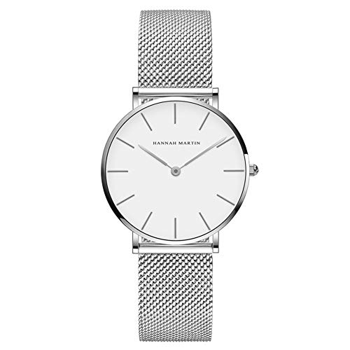 HANNAH MARTIN Damen Uhren Analog Quarz Edelstahl Wasserdicht Mesh Ultradünne (Weiß Oberfläche ，Silber Armband)