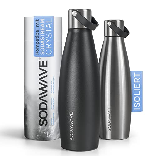 SODAWAVE® Trinkflasche Edelstahl [620ml] kompatibel mit SodaStream Crystal I Doppelwandige Thermo Edelstahl Trinkflasche I 100% auslaufsichere Flasche ideal für unterwegs (Schwarz)