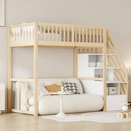 Moimhear Hochbett Sicherheits-Aufbewahrungsleiter, Bettgestell aus massivem Kiefernholz für Kinder und Jugendliche(Holzfarbe+Weiß, 90x200cm)