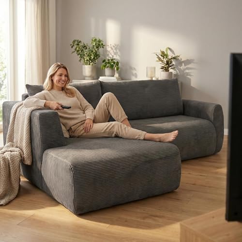 Yeecle Ecksofa mit Schlaffunktion aus Cord – Modernes Cord-Schlafsofa, weich gepolstertes 3-Sitzer Sofa ohne Holzrahmen, kompaktes Ecksofa für Wohnzimmer (Darkgrey)