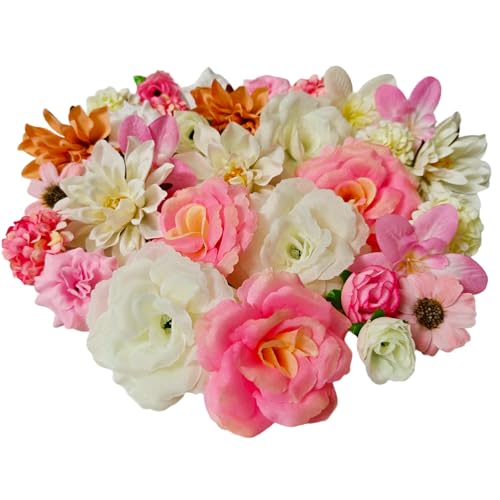 42 Stück Kunstblumen zum Basteln Künstliche Blumenköpfe 3~8cm, Mini Deko Blumen Künstlich Mini Seidenblumen für DIY-Bastelarbeiten Hochzeitsdeko Tortendeko und Scrapbooking (Rosa + Weiß)